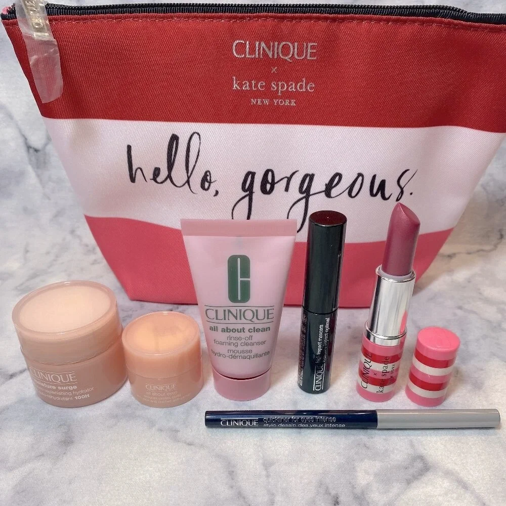 Clinique x Kate Spade Beauty Set-Pink Pouch,Mascara,Cleanser,Moisturizer-7pc-NEW